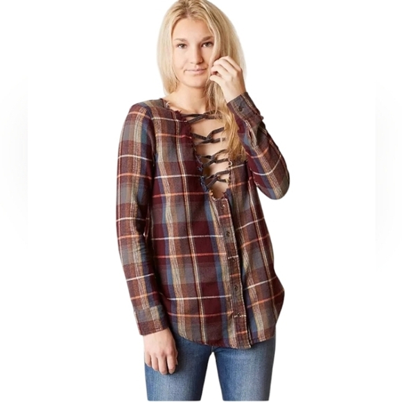 Gilded Interest Open Lace Front Detail Plaid Flannel Top Button Up Size XS - Picture 1 of 9